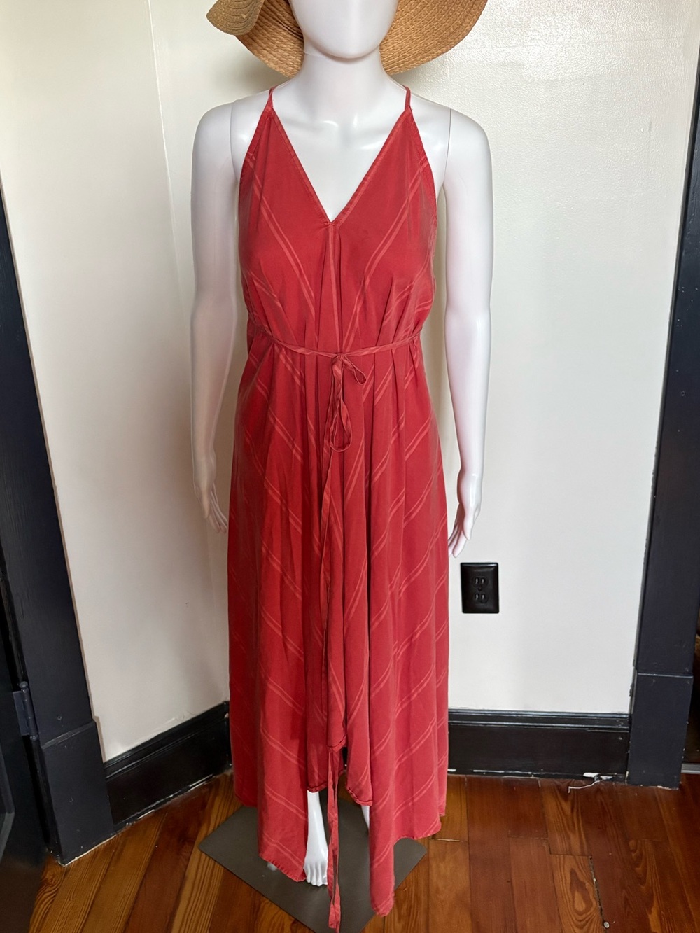 Lovestitch Halter V-Neck Tencel Striped Coral Maxi Summer Dress with Tie - S/M